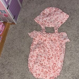 Janie and Jack Pink Floral Baby One-Piece with Matching Bonnet